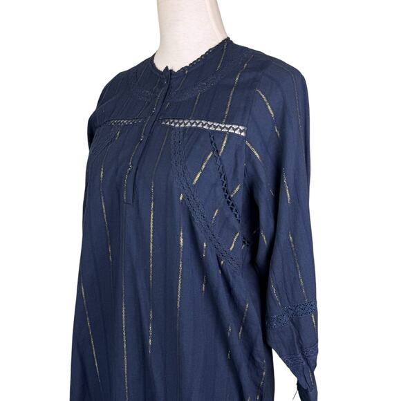 DRA Los Angeles Navy Gold Metallic Striped Eyelet Long Sleeve Shift Mini Dress - Picture 4 of 12